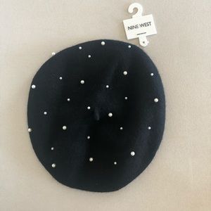 Nine West Pearl Embellished Black Beret